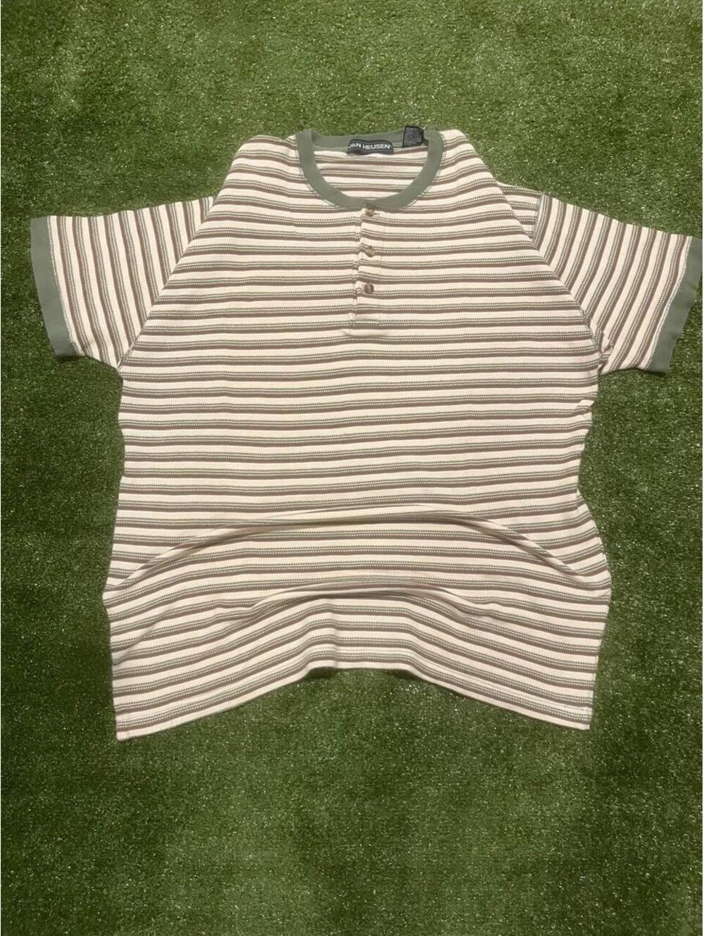 Vintage 90s Van Heusen Green & White Striped Henley Shirt – Size XL
